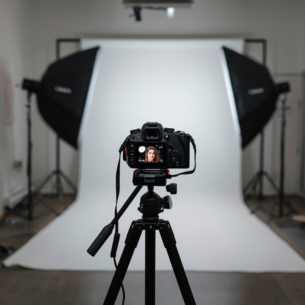 Professional camera on tripod in a modern photography studio with softbox lighting